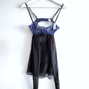 NWT Adore Me Lace Mesh Sheer Babydoll Lingerie Black Blue, Women's 32A